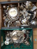 A large quantity of silver plate and other metalware including teaware, trays, tazzas,
