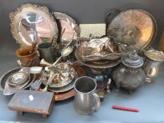 A quantity of silver plate to include pierced tazza, serving platters, pewter teaset,