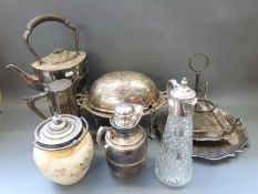 A collection of plated ware including a spirit kettle, Walker and Hall salver,