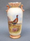 Locke & Co Worcester vase decorated with a pheasant on blush ivory ground,
