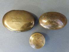 Three brass snuff boxes/pots, one engraved Isaac Bennett, 45 Colston St, age 32,