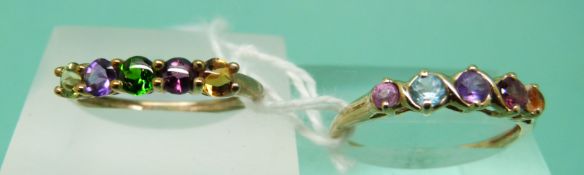 Two 9ct gold rings set with multi-coloured gems (size P)