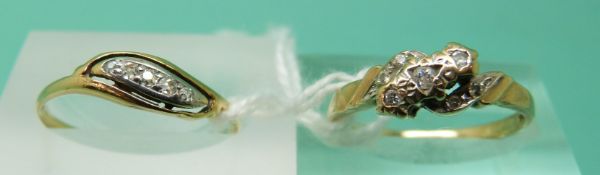 A 9ct gold ring set with diamonds in a twist setting and a yellow metal ring set with diamonds