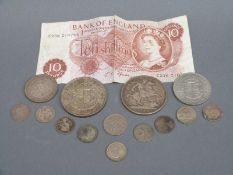A small collection of silver and other coinage to include 1890 Victorian Jubilee head crown,
