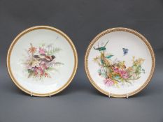 A near pair of 19thC Royal Worcester jewelled cabinet plates decorated with birds,