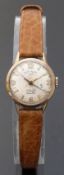 Rotary 9ct gold ladies wristwatch with gold hands and markers, on brown leather strap,