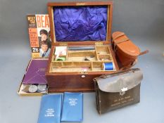Coins including pre 47 silver, Masonic jewel and apron, oak workbox,