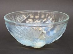 Joblings opalique glass bowl decorated with open winged exotic birds,
