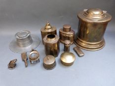 A collection of brassware including a biscuit barrel & Police special whistle together with a
