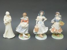 Four Royal Worcester figurines including three from the Old Country Ways Series Milkmaid,