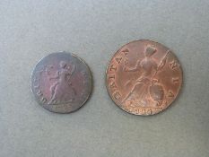 George II 1734 halfpenny with some lustre together with a 1775 farthing,
