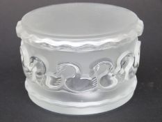 Lalique frosted and clear glass powder pot decorated with a ring of swans,