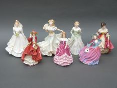 Seven Royal Doulton figurines, Grace, Bride (white), Millennium Celebration, Southern Belle,