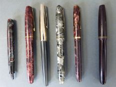 Six various fountain pens including Burnham No 47, Unique-Junior, Waterman's,