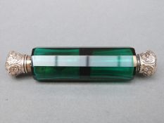 A green glass white metal lidded double ended scent bottle, length 12.