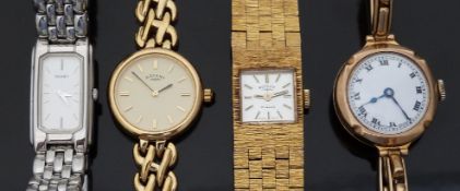 Four ladies wristwatches comprising a 9ct gold eaxample with Roman numerals,