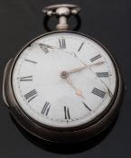 English hallmarked silver pair cased pocket watch with Roman numerals, gold hands, fusee movement,