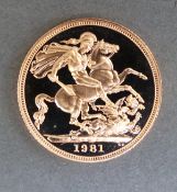 A cased 1981 proof gold full sovereign