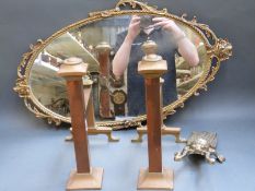 A pair of Arts and Crafts copper and brass fire dogs together with a brass boot jack and a gilt