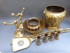 A 19thC brass companion set of rope twist design, trench art shells,