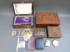 A collection of 19thC boxes, cigarette lighters including Ronson,