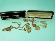 A pair of 9ct gold earrings, three 9ct gold chains (6.8g), 15ct gold pendant (1.