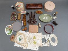 A quantity of collectables including mascot compact, Victorian scraps, pins,
