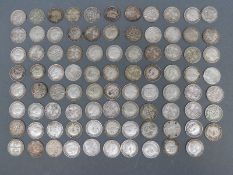 Eighty seven mixed pre 1920 and pre 1947 silver three pences,