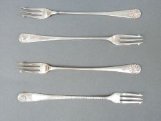 Four various Victorian shell pattern hallmarked silver long pickle forks, Sheffield 1891,