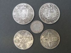 Five Victorian silver coins to include 1856 Gothic florin, 1887 sixpence,