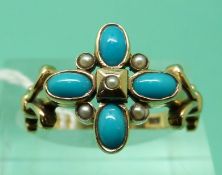A 9ct gold ring set with four turquoise cabochons and seed pearls (Size N)
