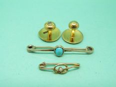 Two yellow metal brooches and two 18ct gold studs,