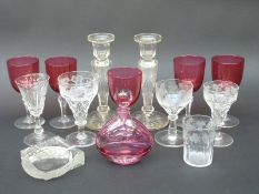 Five cut and etched clear glasses probably John Walsh Walsh together with five cranberry wine