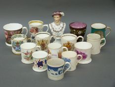 A group of Victorian and later mugs including Prattware example etc