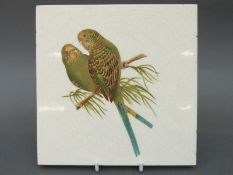 Minton's China Works ceramic tile painted with an ornithological study of two parrots, 70.5 x 20.