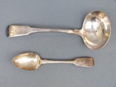 A Georgian hallmarked silver fiddle pattern ladle length 18cm, and a spoon by Hester Bateman,
