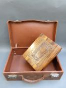A Jerusalem olive wood box modelled as books and a vintage leather case