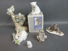 Lladro wild animal figures including koala, chimpanzee, rabbit, sea lion,