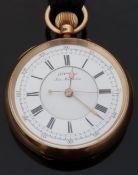 18ct gold gentleman's keyless winding pocket watch with stop/ start facility, Roman numerals,