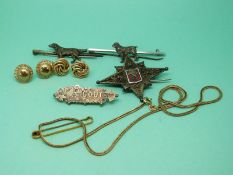 A 9ct gold necklace, 9ct gold brooch, a pair of 9ct gold knot earrings,