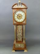 A French late 19th/early 20thC miniature long case clock in oak case embellished with brass overlay