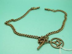 A 9ct rose gold double Albert watch chain with T-bar and Masonic fob, 38cm long, 17.8g.