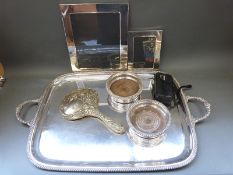 A large Walker & Hall twin handled tray, length 71cm, a pair of plated wine coasters,
