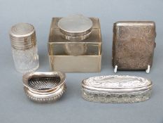 A large hallmarked silver-mounted glass inkwell, width 9cm,