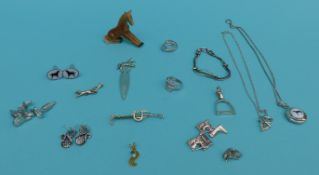 A collection of silver jewellery largely horse or riding related to include enamel horse, bookmark,