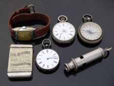 Two continental silver pocket watches together with a vintage Ebel wristwatch, compass,