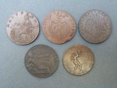 Five 18thC Conder type tokens to include Glasgow halfpenny, Manchester halfpenny,