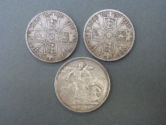 1890 Victoria jubilee head crown together with an 1890 double florin and a 1889 example