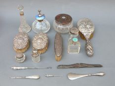 A quantity of hallmarked silver-mounted dressing table items including guilloche enamel items,