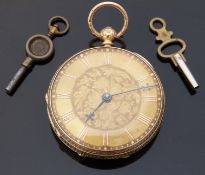 18ct gold gentleman's open faced pocket watch with engraved self coloured dial, Roman numerals,